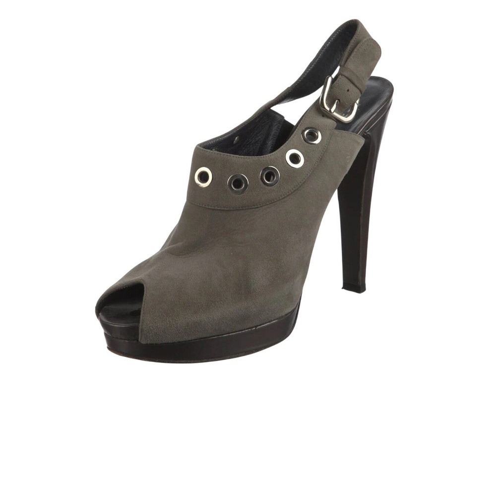Stuart Weitzman Peep Toe Slingback Heels Gray Suede Platform Buckle Size 8.5
